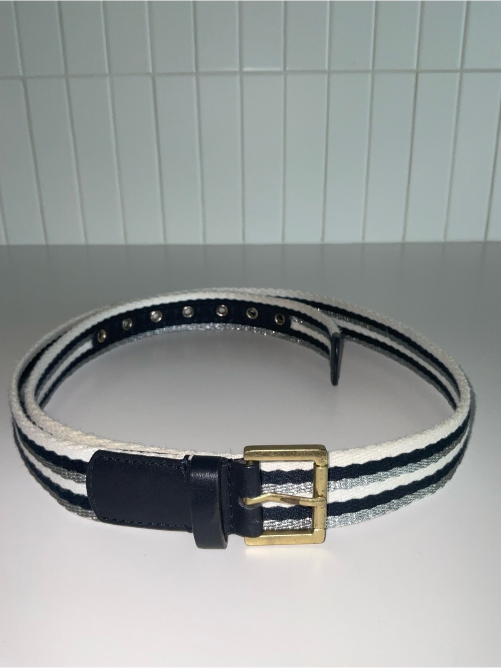 Boden navy & White Striped Canvas Belt with Gold Buckle
